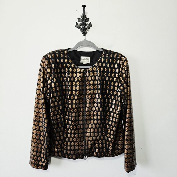 Joseph Ribkoff Lightweight Jacket Size 12 Black Gold Shimmer Sparkle Zip Up - Picture 1 of 3